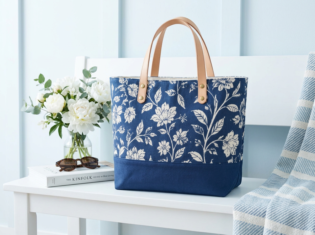 Navy floral fabric tote with leather handles standing upright on a wooden bench