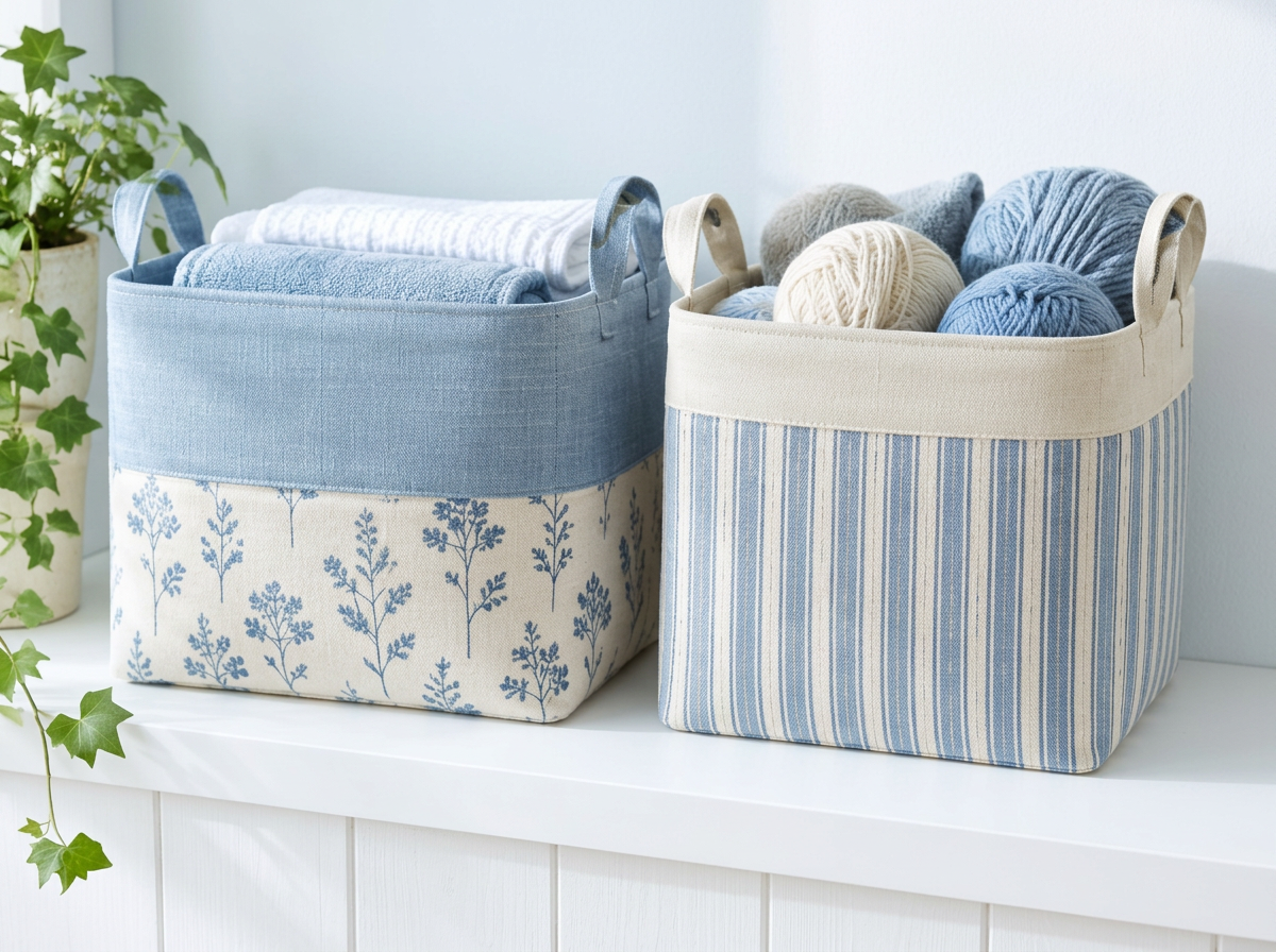 Two blue and linen fabric storage baskets holding towels and yarn on a sunlit shelf