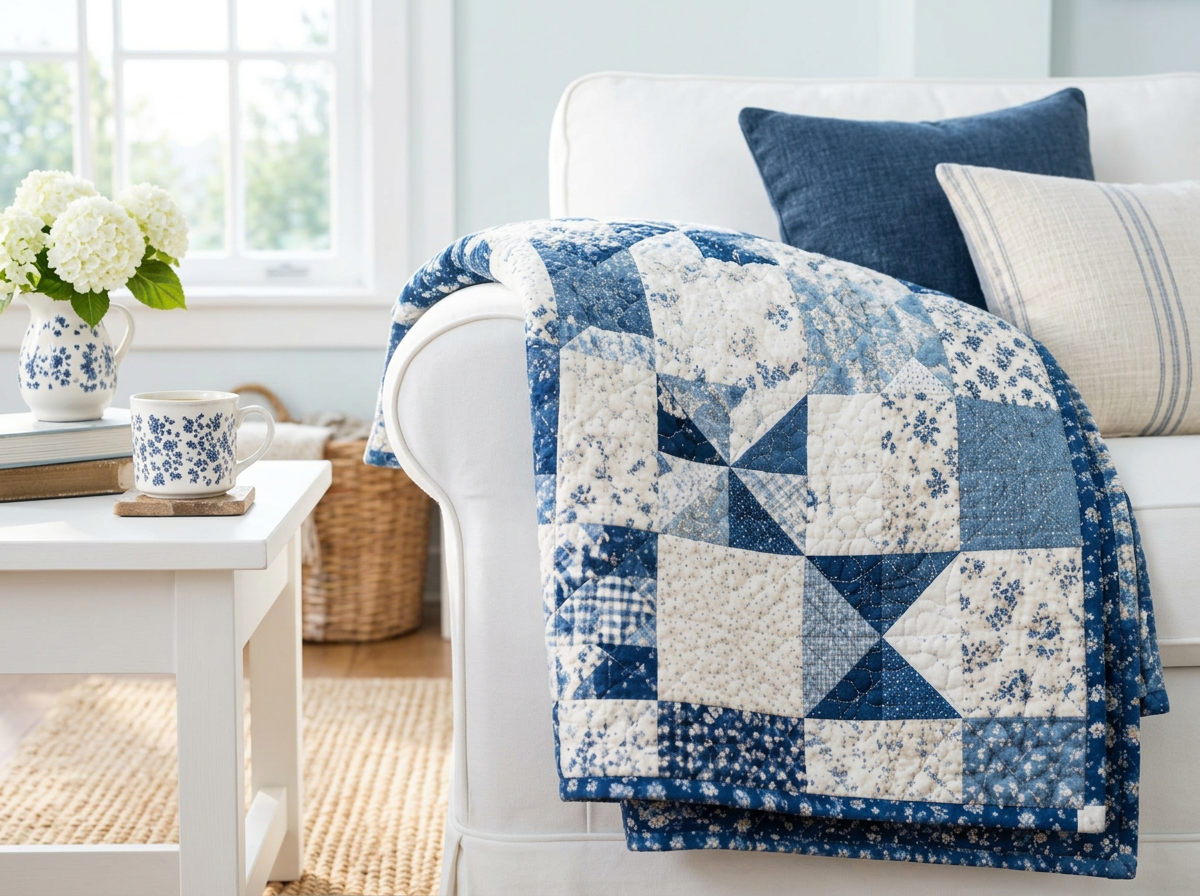 Blue and cream patchwork quilt draped over a linen sofa in warm evening light